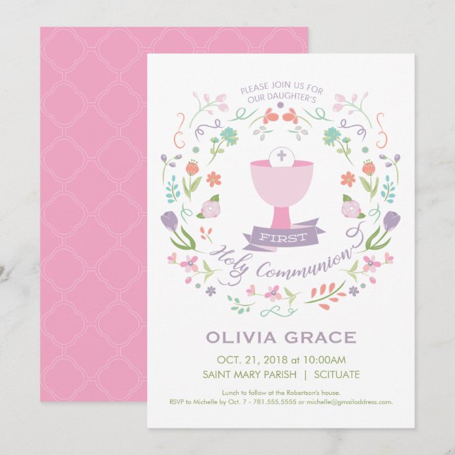 First Holy Communion Invitation, Girl's Invite (Front/Back)