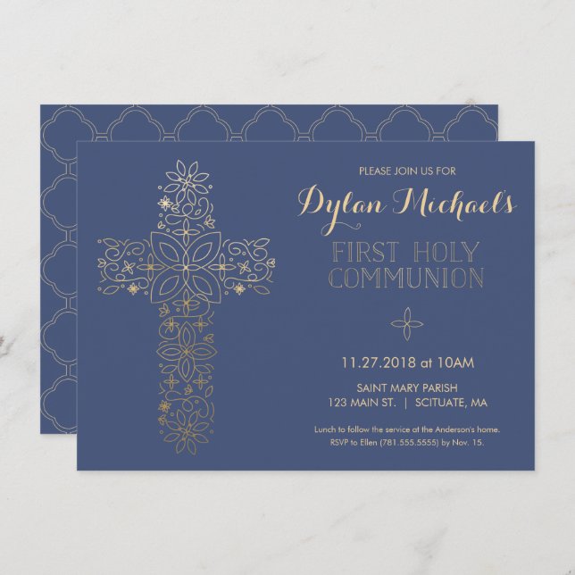 First Holy Communion Invitation, Gold Cross Invite (Front/Back)