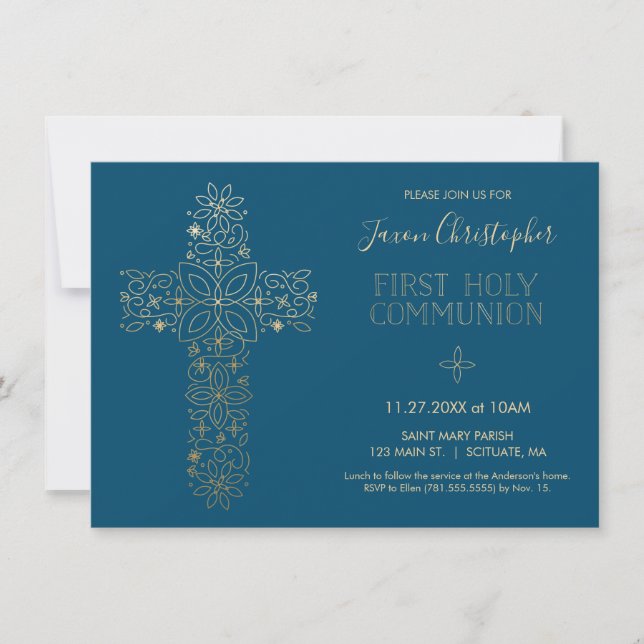 First Holy Communion Invitation, Gold Cross Invite (Front)