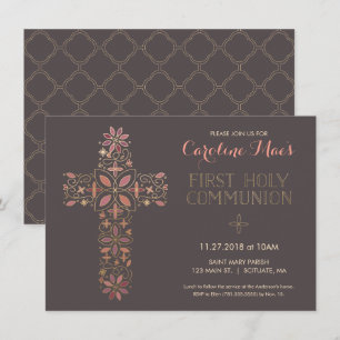 First Holy Communion Invitation, Gold Cross Invite
