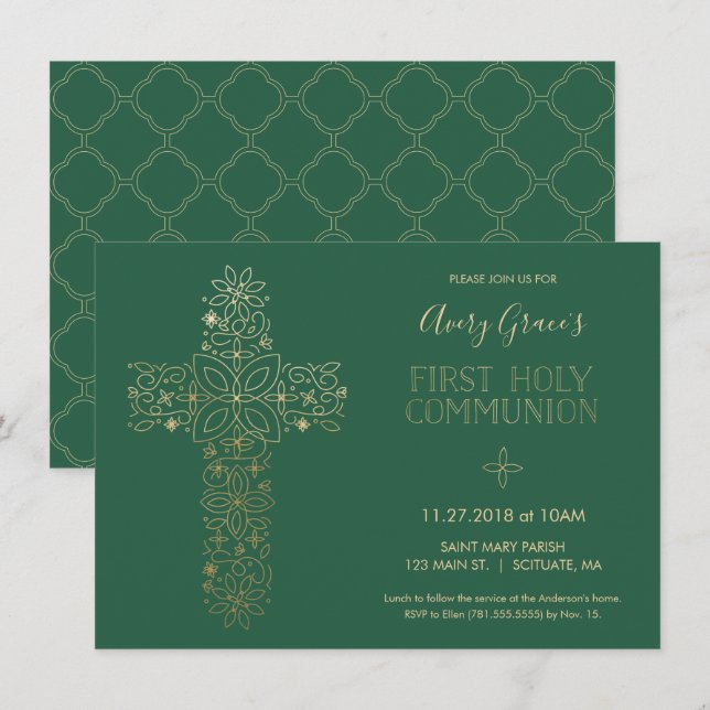 First Holy Communion Invitation, Gold Cross Invite (Front/Back)