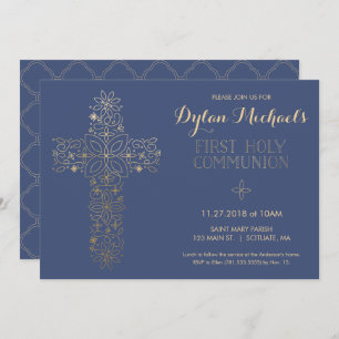 First Holy Communion Invitation, Gold Cross Invite