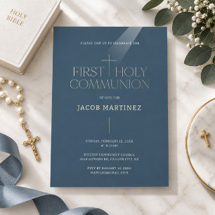 First Holy Communion Invitation Navy Gold Cross