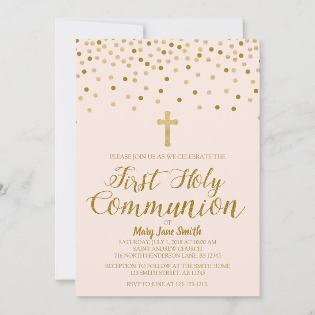 First Holy Communion Invitation, Pink and Gold Invitation (Front)