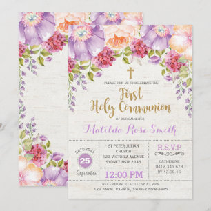 First Holy Communion Invitation Purple Gold Floral
