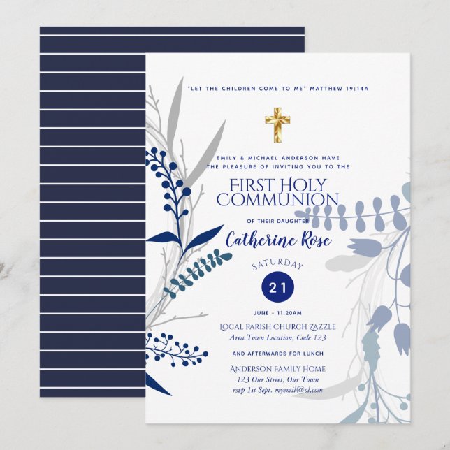 First Holy Communion Invitations Boys Blue Verse (Front/Back)