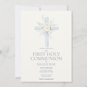 First Holy Communion Invite, Blue Floral Cross Invitation