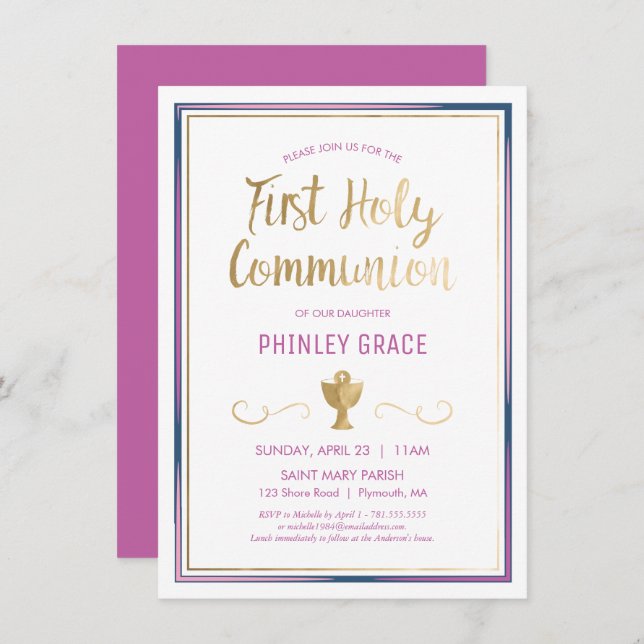 First Holy Communion Invite, Elegant, Pink, Gold I Invitation (Front/Back)