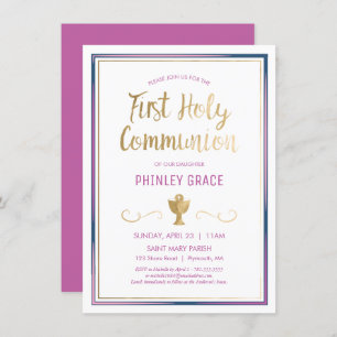 First Holy Communion Invite, Elegant, Pink, Gold I Invitation