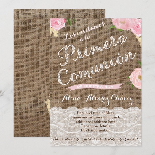 First Holy Communion Invites in Spanish for Girl (Front/Back)