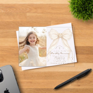 First Holy Communion Ivory Bow Pearls Photo Acrylic Invitations