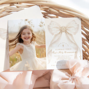 First Holy Communion Ivory Bow Pearls Photo Invitation