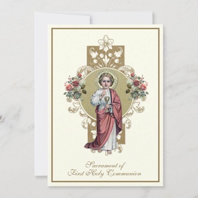 First Holy Communion Jesus Eucharist Roses Invitation (Front)