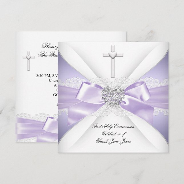 First Holy Communion Lavender Silver Heart Girl Invitation (Front/Back)