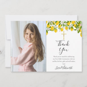 First Holy Communion Lemons Gold Cross Photo Thank You Card