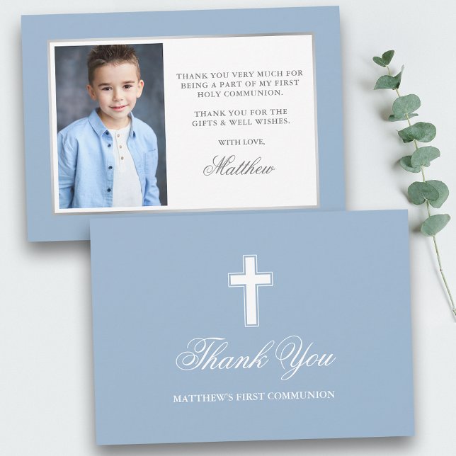 First Holy Communion Light Blue Photo Thank You Card (Customize to change text size, color or text style.)