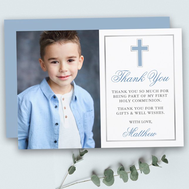 First Holy Communion Light Blue Silver Photo Thank You Card (Customize to change text size, color, style or to change color of back of card. )