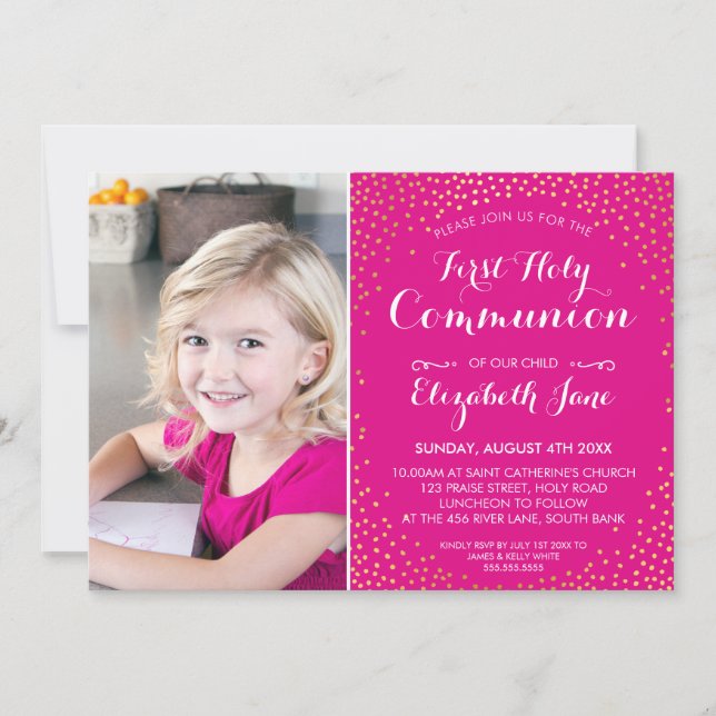 FIRST HOLY COMMUNION mini gold confetti cute pink Invitation (Front)