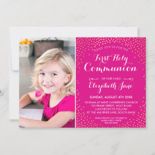 FIRST HOLY COMMUNION mini gold confetti cute pink Invitation