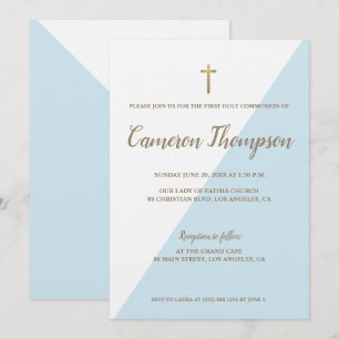 First Holy Communion Modern Blue White Gold Invitation