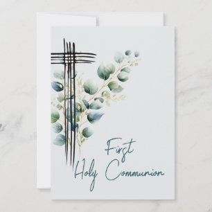 First Holy Communion Modern Botanical Blue Cross Invitation