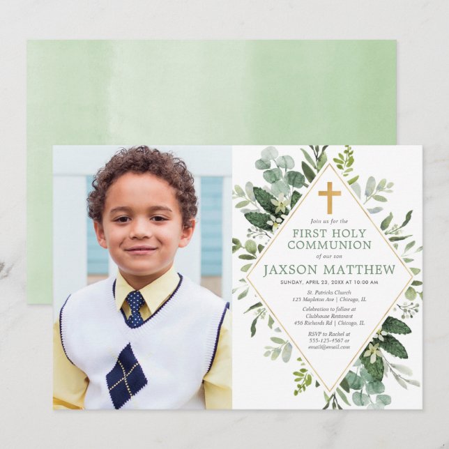 First Holy Communion modern eucalyptus photo Invitation (Front/Back)