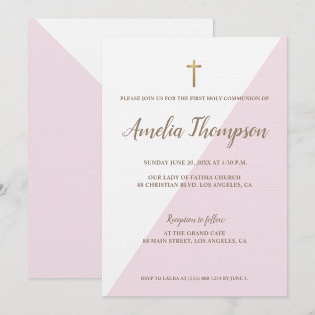 First Holy Communion Modern Pink White Gold Invitation (Front/Back)