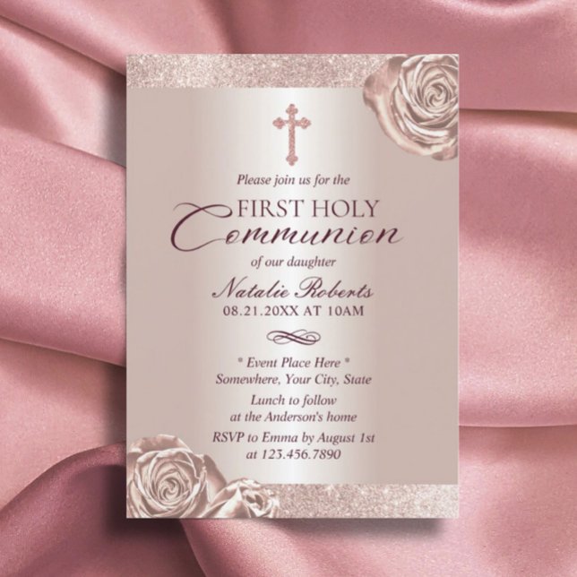 First Holy Communion Modern Rose Gold Floral Invitation (Creator Uploaded)