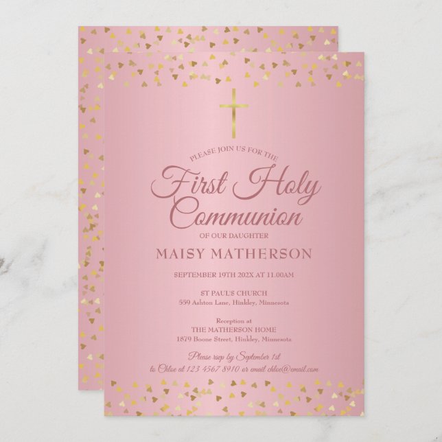 First Holy Communion Modern Rose Gold Hearts Invitation (Front/Back)