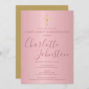 First Holy Communion Modern Script Rose Gold   Invitation
