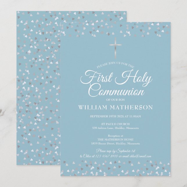  First Holy Communion Modern Silver Hearts Invitation (Front/Back)