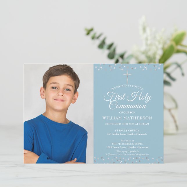 First Holy Communion Modern Silver Hearts Photo Invitation (Standing Front)