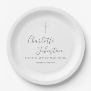 First Holy Communion Modern Silver Script Paper Plate