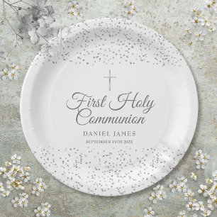 First Holy Communion Modern Silver Stardust Paper Plate