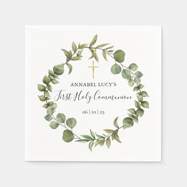 First Holy Communion Modern Woodland Greenery  Napkin (Front)