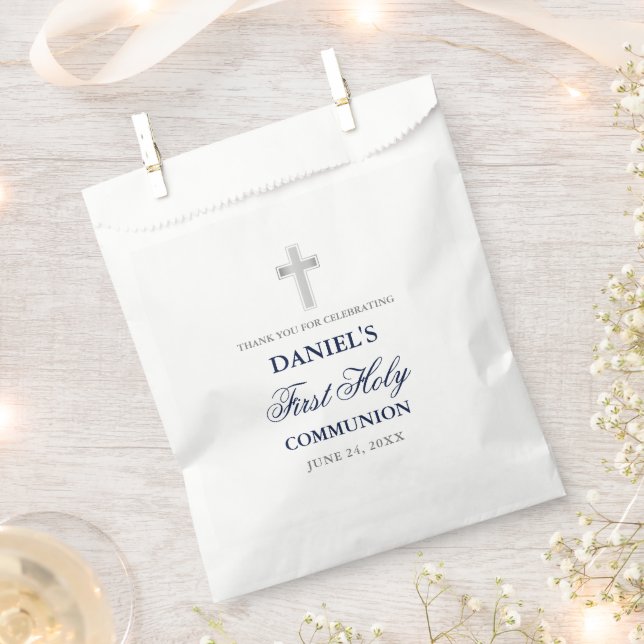 First Holy Communion Navy Blue and Silver Favour Bags (Clipped)