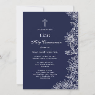 First Holy Communion Navy Blue Floral Cross Invitation