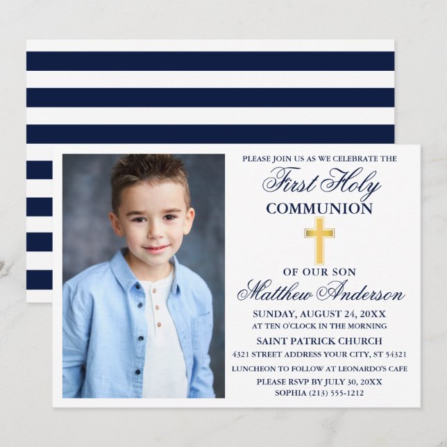 First Holy Communion Navy Blue Gold Cross Striped Invitation (Front/Back)