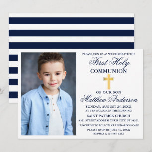 First Holy Communion Navy Blue Gold Cross Striped Invitation