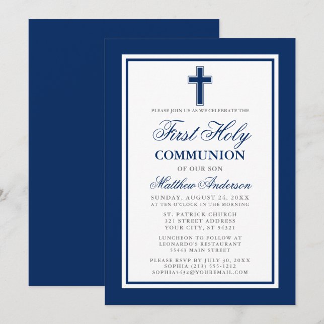First Holy Communion Navy Blue Silver Invitation (Front/Back)