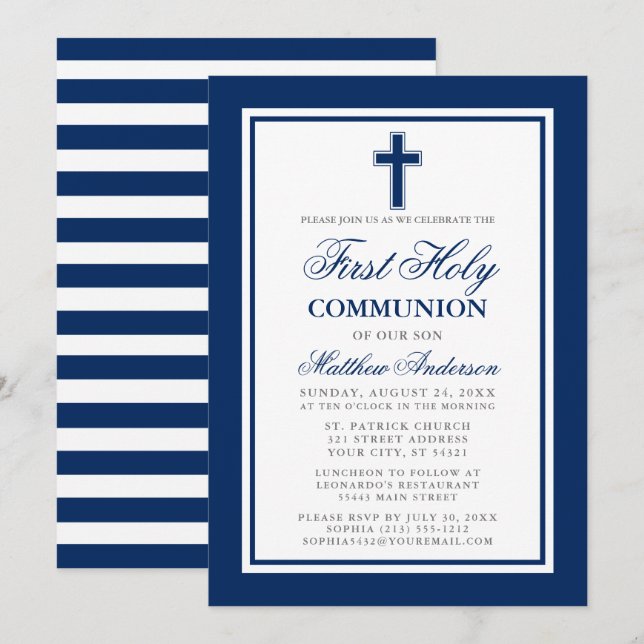 First Holy Communion Navy Blue Silver Striped Invitation (Front/Back)