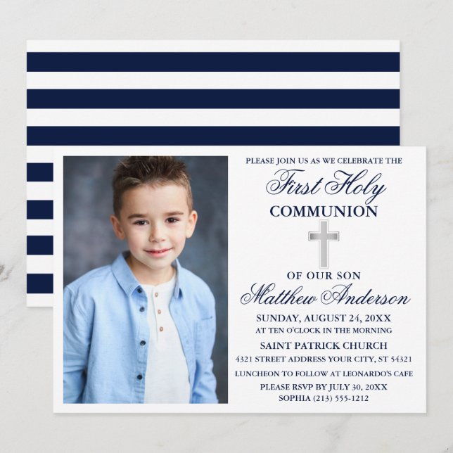 First Holy Communion Navy Blue Silver Stripes Invitation (Front/Back)