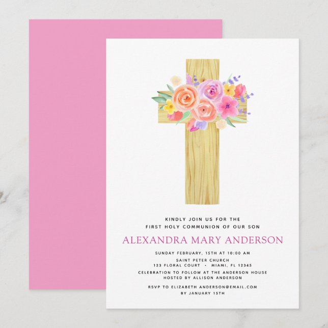 First Holy Communion Pastel Floral Pink Invitation (Front/Back)