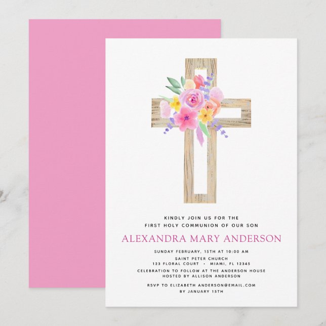 First Holy Communion Pastel Floral Pink Invitation (Front/Back)
