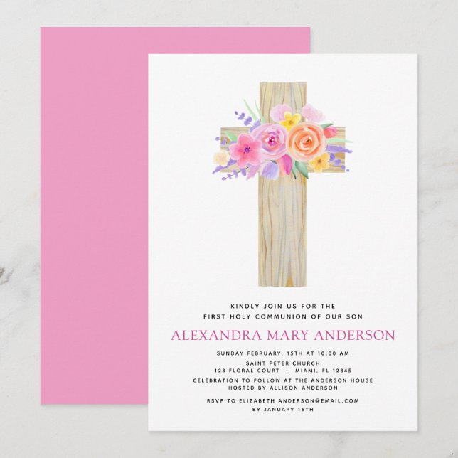 First Holy Communion Pastel Floral Pink Invitation (Front/Back)