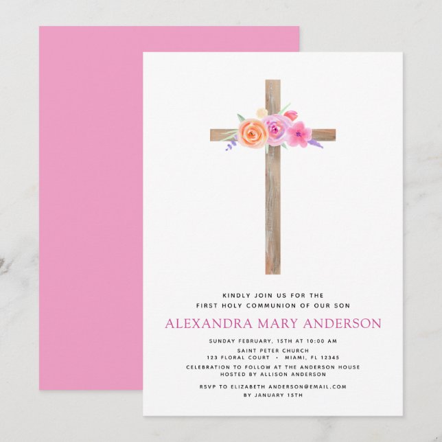 First Holy Communion Pastel Floral Pink Invitation (Front/Back)