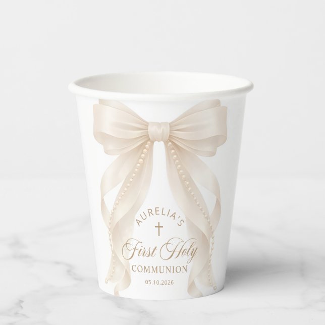 First Holy Communion Pearl Bow Paper Cups (Front)