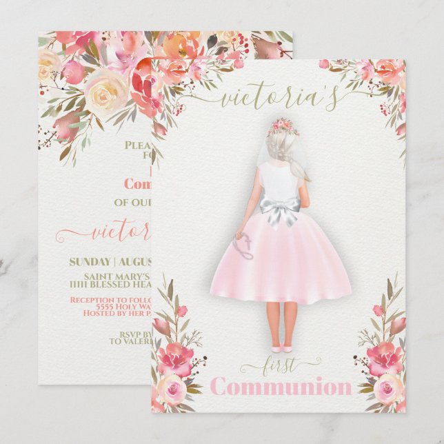 First Holy Communion Personalised Portrait Girl In Invitation (Front/Back)