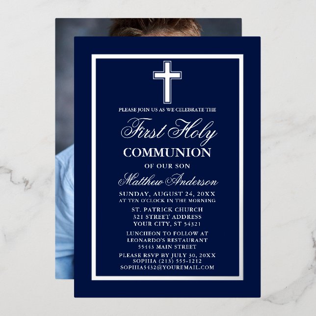First Holy Communion Photo Cross Navy Blue Silver (Front/Back)