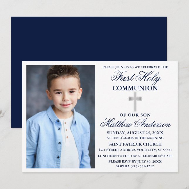 First Holy Communion Photo Cross Navy Blue Silver Invitation (Front/Back)